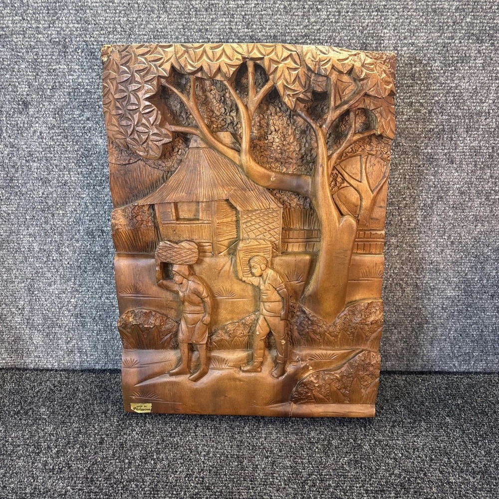 Vtg~Balinese Hand Carved Relief 3D Decorative Wooden Folk Art~12"x17"
